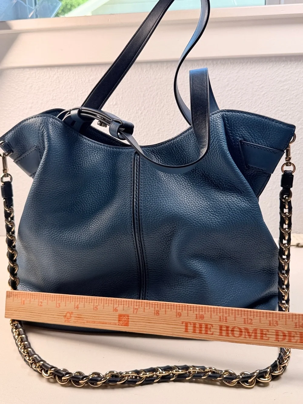 Michael Kors Blue Pebbled Leather Large Tote Shoulder Bag Chain Strap purse